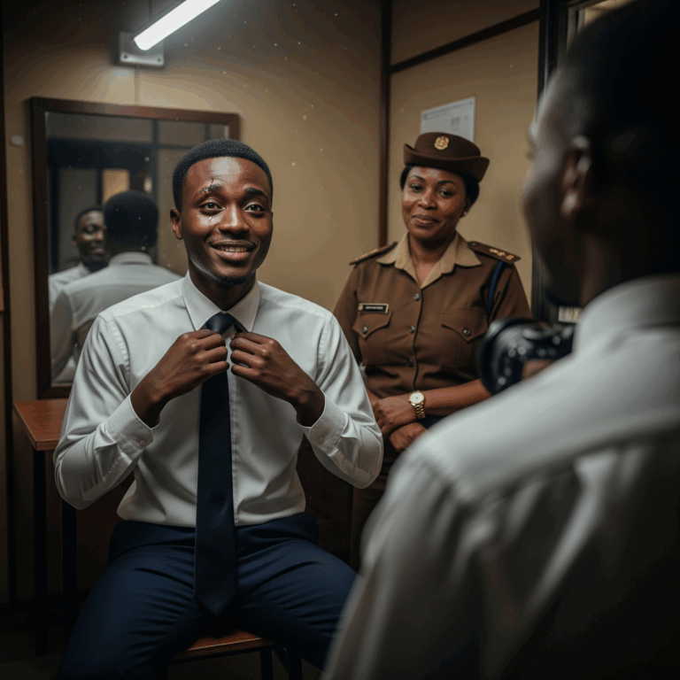 Young man at the passport office. He is here to take a photo for his travel passport. He is keen to travel abroad. The Passport officer is amused at his eagerness. She reminds him of his mother, who he will be leaving behind. The experience is bitter-sweet.
