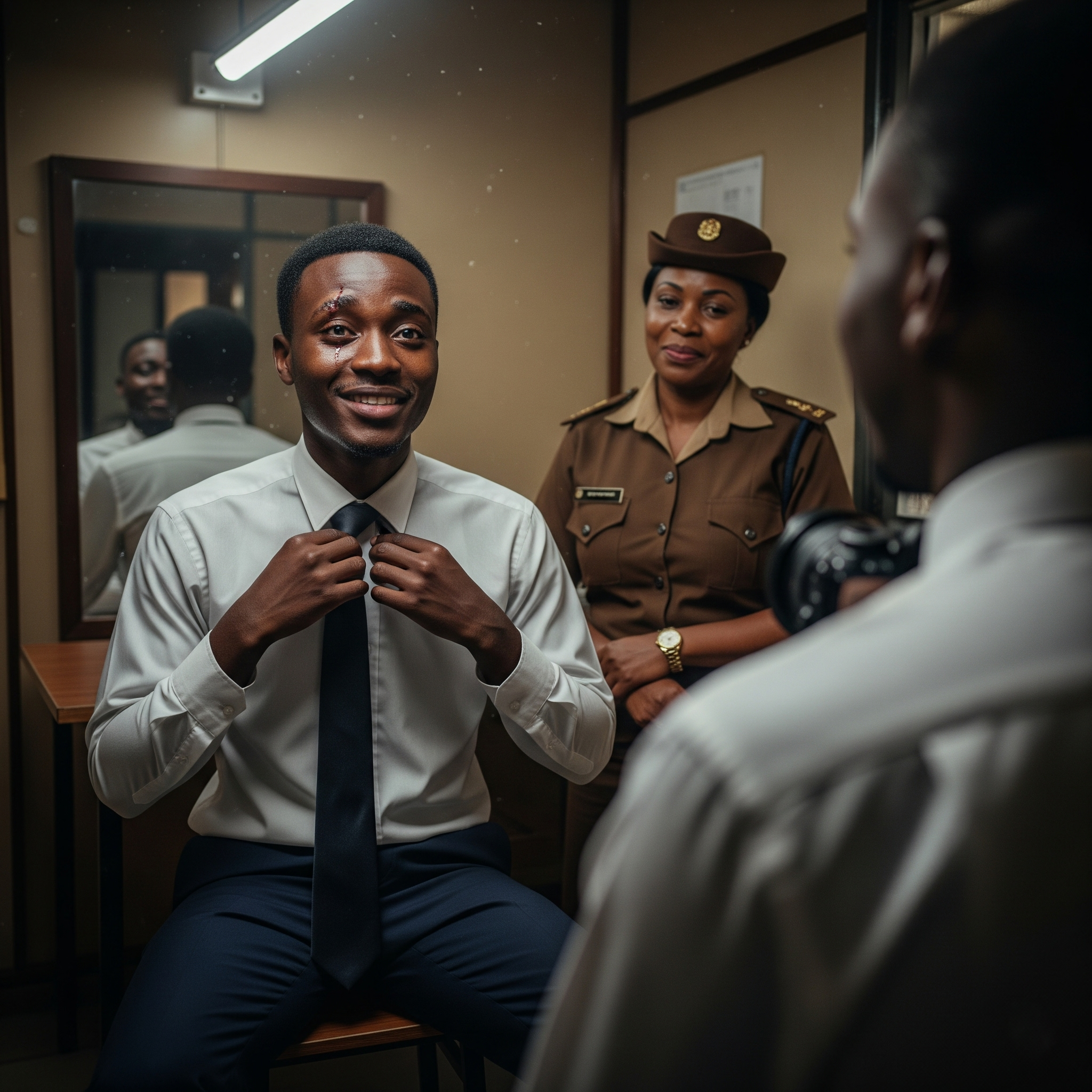 Young man at the passport office. He is here to take a photo for his travel passport. He is keen to travel abroad. The Passport officer is amused at his eagerness. She reminds him of his mother, who he will be leaving behind. The experience is bitter-sweet.